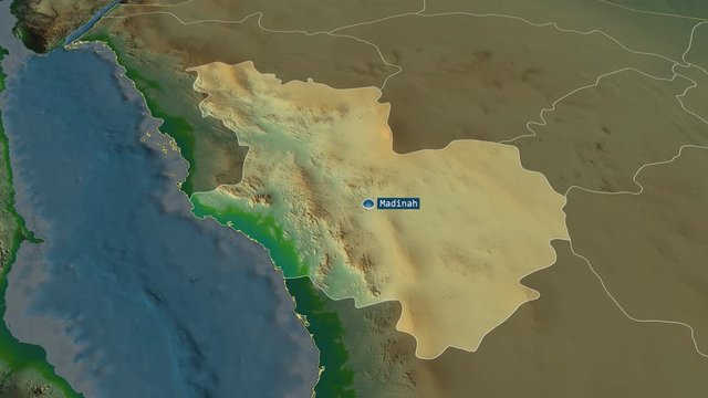 Al Madinah - region of Saudi Arabia with its capital zoomed on the physical map of the globe. Animation 3D