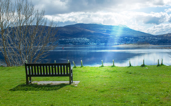 Bench in beautiful view of mountains, Fort William, Highland