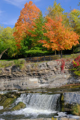 Vibrant orange, yellow, red and green fall colors on trees near waterfall
