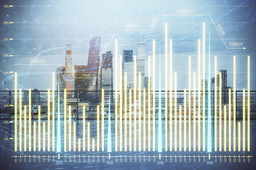 Naklejka na ściany i meble Forex graph hologram with city view from roof background. Double exposure. Stock market concept.