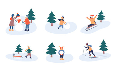 Child winter leisure in park. Happy holidays and merry Christmas. Kids make a snowman. Children skiing and sledding. Set of vector illustration in cartoon and flat style.