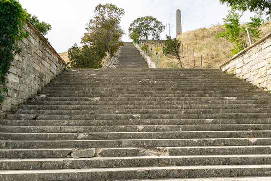 Repair work on old Great Mithridates Staircase leading to Memorial of Glory (to heroes of Second World War) in Kerch, Crimea in september 2019