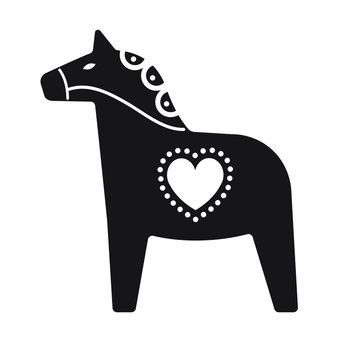 Vector black cartoon flat Scandinavian Swedish dala horse with ornaments  isolated on white background