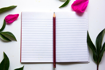 Naklejka premium Flat lay scene in peach pink tones for self employed freelance girl. Feminine little things, white background with floral decor. Flowers are artificial.