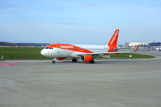 GENEVA, SWITZERLAND -6 APR 2019- View of an airplane from British low-cost airline EasyJet (U2) at the Aeroport de Geneve Geneva Airport (GVA), or Cointrin Airport.