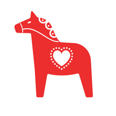 Vector red cartoon flat Scandinavian Swedish dala horse with ornaments  isolated on white background