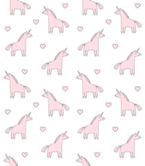 Vector seamless pattern of hand drawn pink doodle unicorn isolated on white background