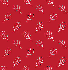 Vector winter Christmas seamless pattern of white hand drawn doodle floral tree branches isolated on red background
