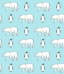 Vector seamless pattern of hand drawn emperor penguin and polar bear isolated on blue background