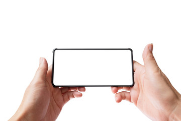 Hand holding black smartphone with blank screen for apply display touch screen concept. isolated on white background with clipping path