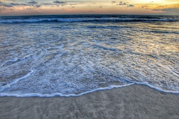 waves on beach at sunset