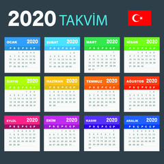 Calendar 2020 in Turkish language, week starts on Monday. Vector calendar 2020 year.