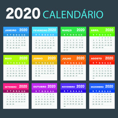 Calendar 2020 in Portuguese language, week starts on Monday. Vector calendar 2020 year.