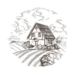 A vector image of a village house. The village landscape.