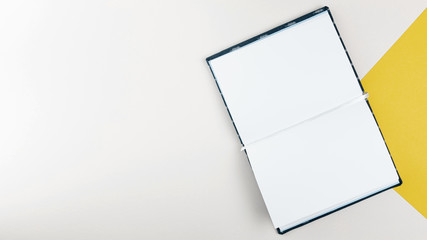 Flat lay open book with white background
