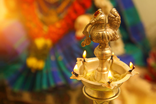 Indian Traditional Silver Oil Lamp in Varalakshmi vratam festival