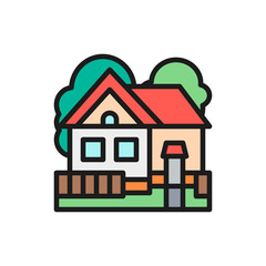 Country house, cottage landscape flat color line icon.