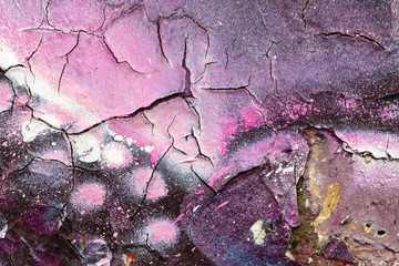 Surface texture with violet and pink color and many cracks on concrete wall. For abstract backgrounds.