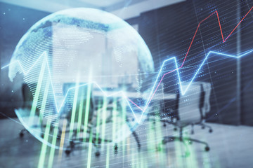 Double exposure of stock market graph with globe hologram on conference room background. Concept of international finance