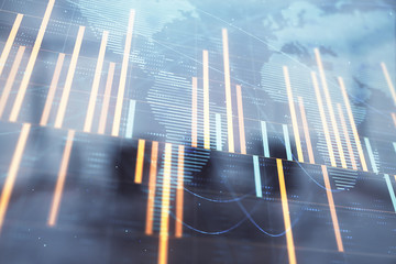 Double exposure of stock market graph with globe hologram on conference room background. Concept of international finance