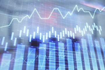 Multi exposure of stock market graph on conference room background. Concept of financial analysis