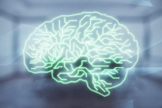 Double exposure of brain drawing hologram on conference room background. Concept of data analysis - Powered by Adobe