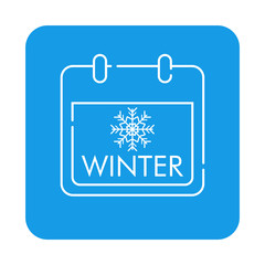 Icono plano lineal calendario con texto winter y copo de nieve en cuadrado color azul