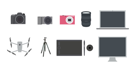Equipment for photographer, set of flat design icons of cameras, lens, laptop, graphic tablet, drone, monitor, tripod. Isolated vector illustrations
