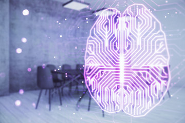 Double exposure of brain drawing hologram on conference room background. Concept of data analysis