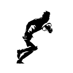 Rugby player running and holding ball in hands, abstract isolated vector silhouette. Comic style, ink drawing