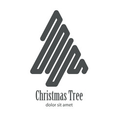 Logotipo con texto Christmas Tree con árbol abstracto lineal como laberinto en color gris
