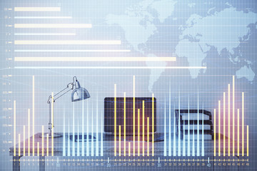 Stock market chart with globe hologram and desktop office computer background. Multi exposure. Concept of financial analysis.