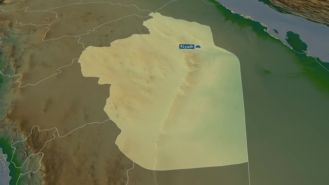 Ar Riyad - region of Saudi Arabia with its capital zoomed on the physical map of the globe. Animation 3D