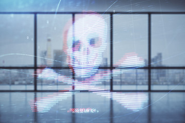 Double exposure of hacking theme drawings hologram on empty room interior background. Data security...
