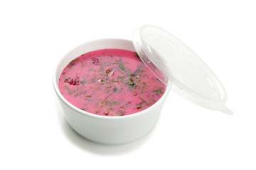 Soup, borscht in a paper container