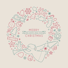 Background with Christmas wreath consisting of christmas symbols. With the text Merry Christmas and a Happy New Year. 