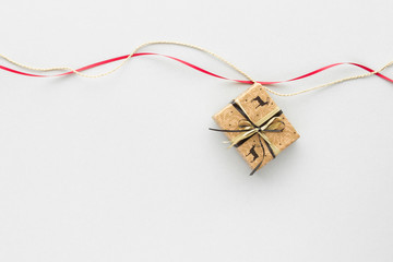 Christmas composition. Gift ribbon rope top view background with copy space for your text. Flat lay.