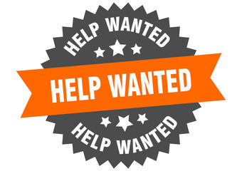 help wanted sign. help wanted orange-black circular band label