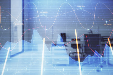 Stock market chart with trading desk bank office interior on background. Double exposure. Concept of financial analysis