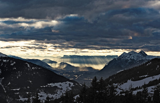 Albertville seen from the mountains in sun beams.