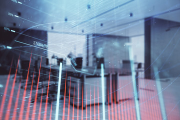 Stock market chart with trading desk bank office interior on background. Double exposure. Concept of financial analysis
