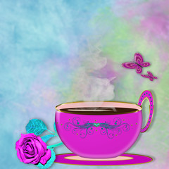 Background illustration of cup of coffee and/or tea with matching butterflis and rose.