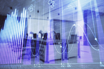 Stock market chart with trading desk bank office interior on background. Double exposure. Concept of financial analysis