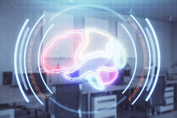 Human brain drawing with office interior on background. Double exposure. Concept of innovation.