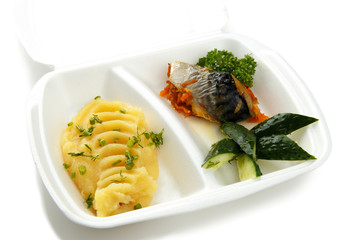 Lunch of fried fish with mashed potatoes