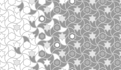 Geometric halftone grey texture. Islamic geometric arabesque vector seamless pattern.