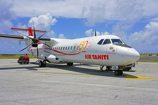 PAPEETE, TAHITI -10 DEC 2018- View of  an ATR regional jet airplane from the Air Tahiti airline (VT) at the the Tahiti Fa'a'a International Airport (PPT) on the island of Tahiti in French Polynesia.