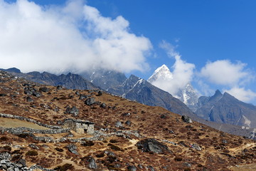 Panorama of the Himalayas. The tops of the mountains. Trekking to Gokyo Mountain. Rocky mountains dug in by snow and ice.