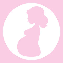 Vector profile of a woman with big baby bump. Pregnant woman silhouette. Pregnancy symbol. Pregnancy and motherhood products logo. Prenatal care icon. Prenatal baby growth. Mother-to-be symbol.