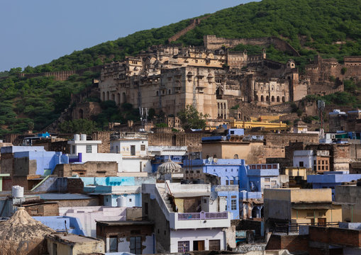 Cityscape with old blue houses brahmins under the fort, Rajasthan, Bundi, India